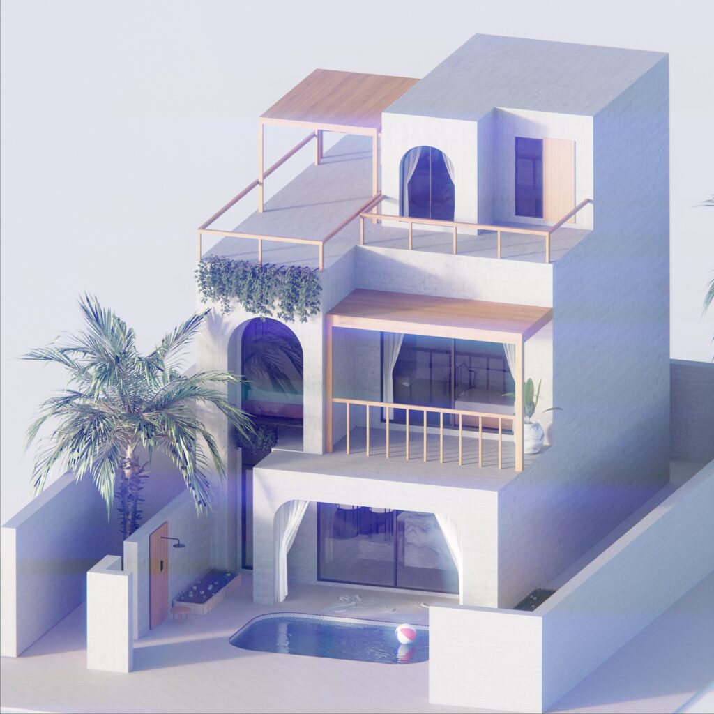 3D rendering of a minimalist Mediterranean villa featuring a rooftop patio and pool.